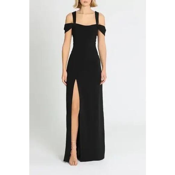 Halston Heritage Cold Shoulder Fitted Crepe Gown Thigh High Slit in Black Size 6 - Picture 1 of 16